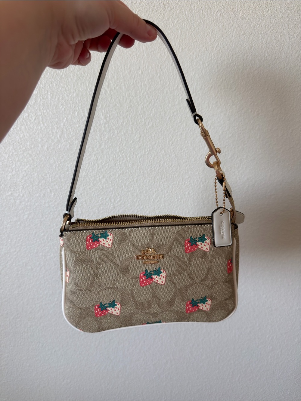 Coach Beige Signature Strawberry Print with Gold Hardware